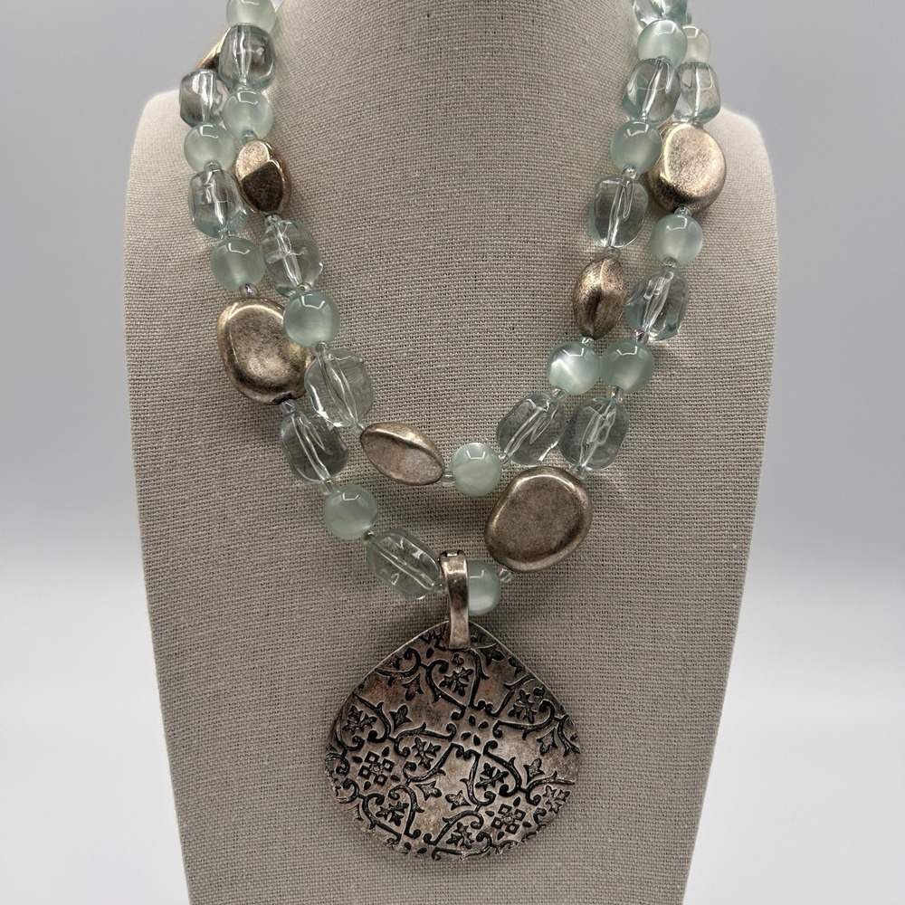 Premier Designs Casual Cool Necklace Silver tone Blue Clear Beaded 2 Strand 16"